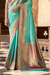 Aqua Blue Banarasi Soft Silk Saree