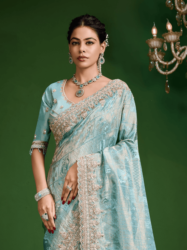 Aqua Blue Banarasi Tissue Silk Saree