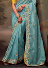 Aqua Blue Designer Organza Silk Saree