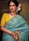 Aqua Blue Designer Organza Silk Saree