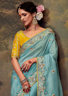 Aqua Blue Designer Organza Silk Saree