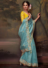 Aqua Blue Designer Organza Silk Saree