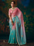 Aqua Blue Embroidered Designer Satin Silk Saree With Contrast Blouse