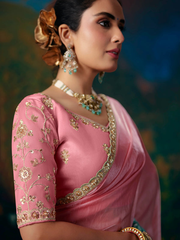 Aqua Blue Embroidered Designer Satin Silk Saree, side view