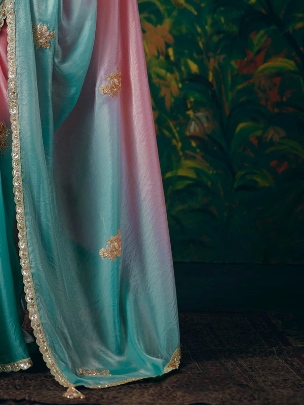 Aqua Blue Embroidered Designer Satin Silk Saree, pallu detail