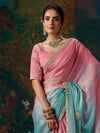 Aqua Blue Embroidered Designer Satin Silk Saree, pallu and blouse