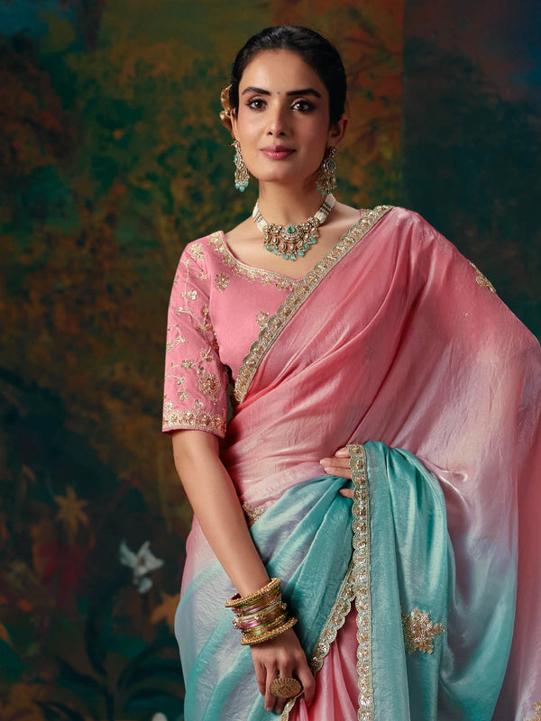 Aqua Blue Embroidered Designer Satin Silk Saree, pallu and blouse