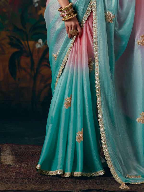 Aqua Blue Embroidered Designer Satin Silk Saree, border and drape