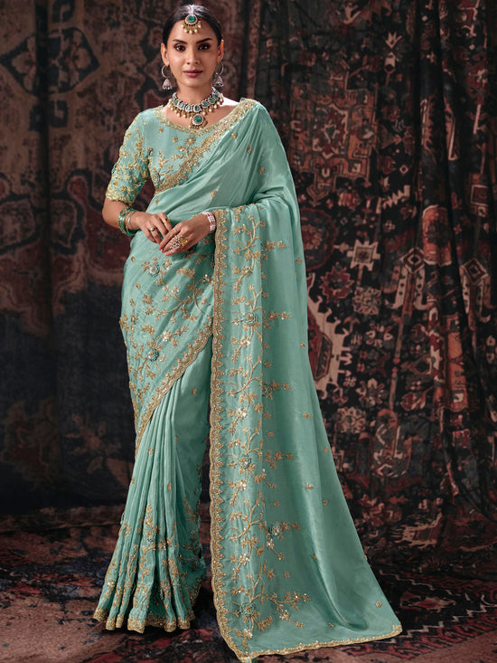 Aqua Blue Embroidered Designer Satin Silk Saree