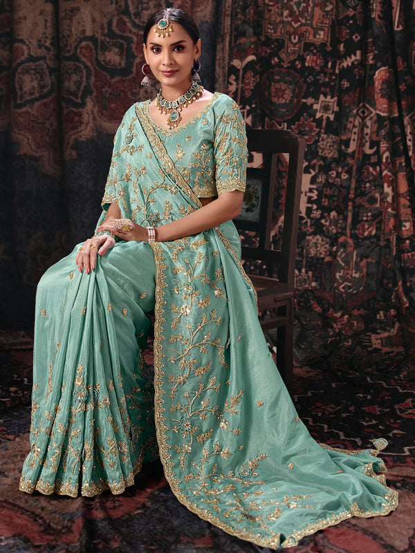 Aqua Blue Embroidered Designer Satin Silk Saree
