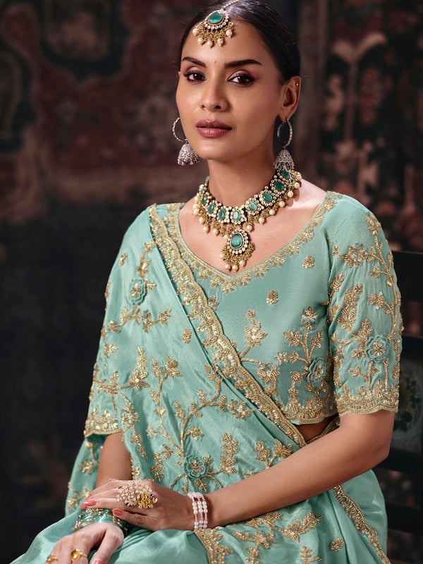 Aqua Blue Embroidered Designer Satin Silk Saree, blouse close-up