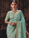 Aqua Blue Embroidered Designer Satin Silk Saree, pallu and blouse