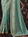 Aqua Blue Embroidered Designer Satin Silk Saree, border and drape