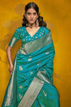 Aqua Blue Kanjivaram Silk Saree with Gold Zari