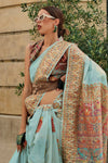 Aqua Blue Kashmiri Jamawar Handloom Silk Saree