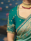 Aqua Green Banarasi Dola Silk Saree, contrast blouse close-up