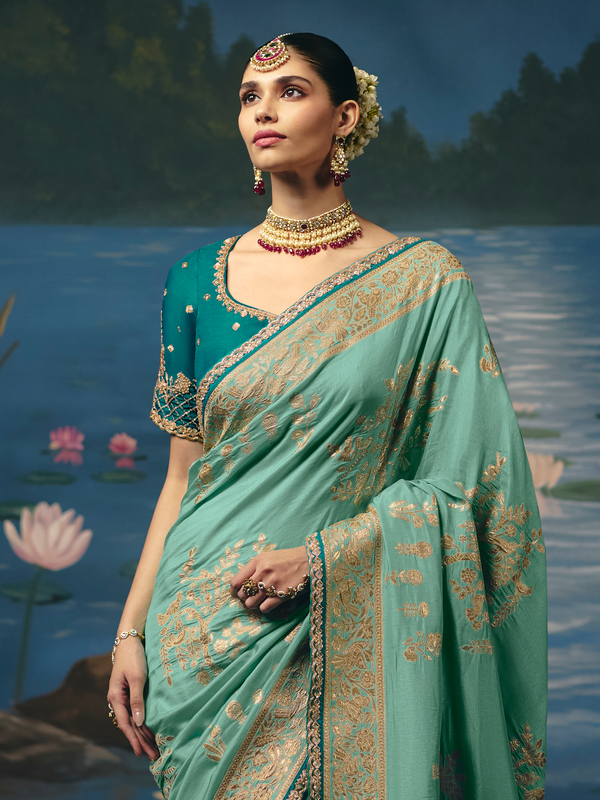 Aqua Green Banarasi Dola Silk Saree, pallu and blouse