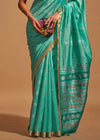 Aqua Green Handloom Banarasi Silk Saree With Tassels