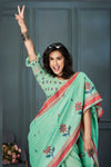 Aqua Green Handloom Linen Saree