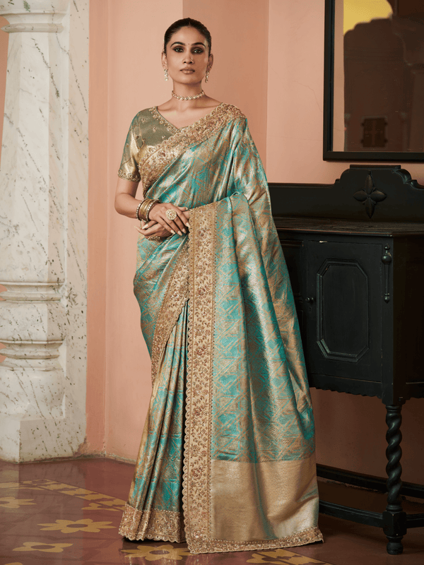 Aqua Teal Banarasi Tissue Silk Saree