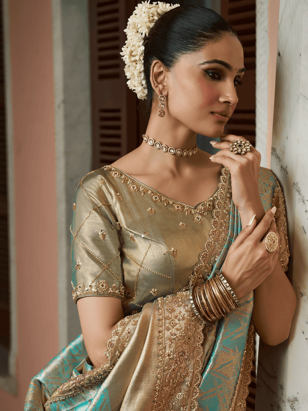 Aqua Teal Banarasi Tissue Silk Saree