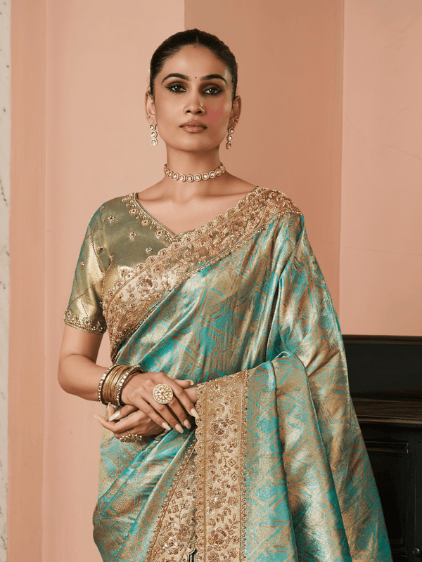 Aqua Teal Banarasi Tissue Silk Saree