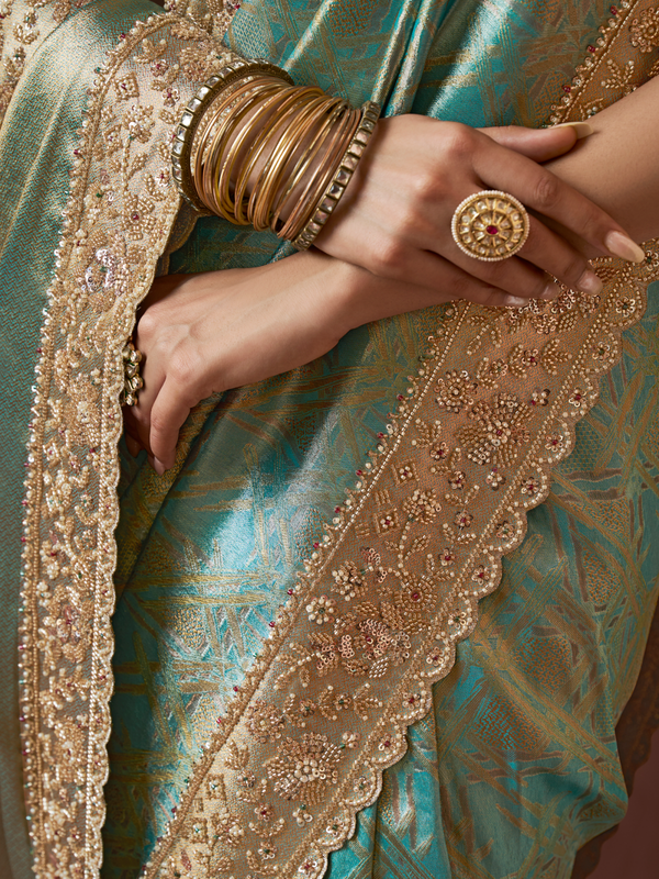 Aqua Teal Banarasi Tissue Silk Saree