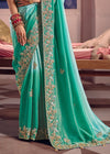 Aqua Teal Zari Tissue Designer Embroidered Saree
