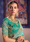 Aqua Teal Zari Tissue Designer Embroidered Saree