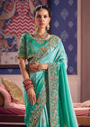 Aqua Teal Zari Tissue Designer Embroidered Saree
