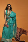 Aquamarine Green Handloom Satin Silk Saree