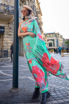 Aquamarine Green Multicolor Digital Printed Satin Saree