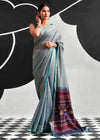 Grey Blue Woven Designer Linen Cotton Saree