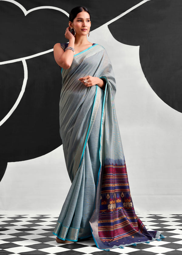 Grey Blue Woven Designer Linen Cotton Saree