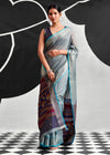 Grey Blue Woven Designer Linen Cotton Saree