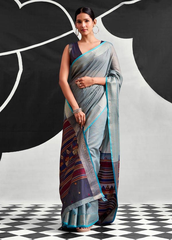 Grey Blue Woven Designer Linen Cotton Saree