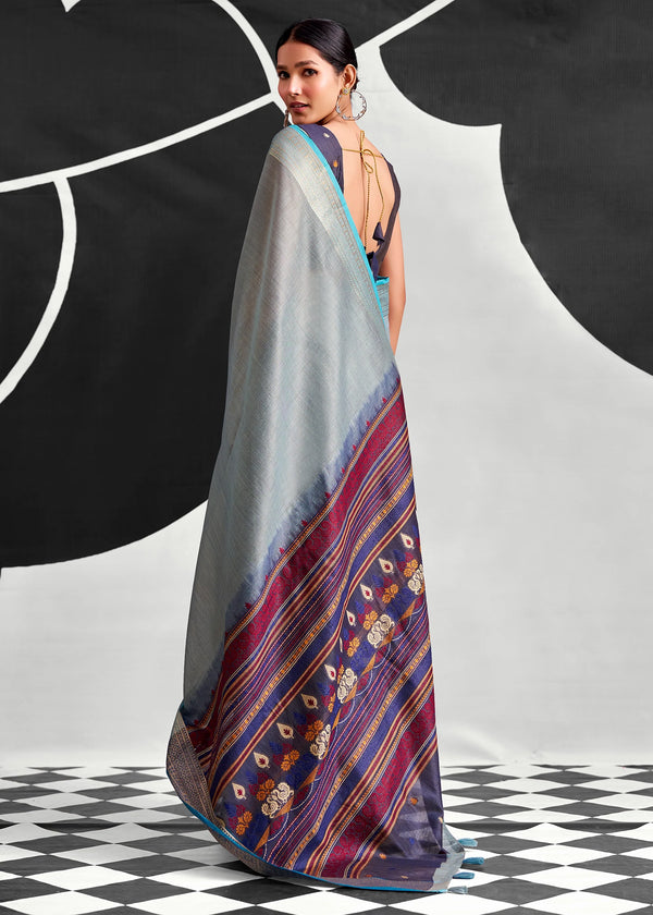 Grey Blue Woven Designer Linen Cotton Saree