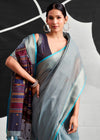 Grey Blue Woven Designer Linen Cotton Saree