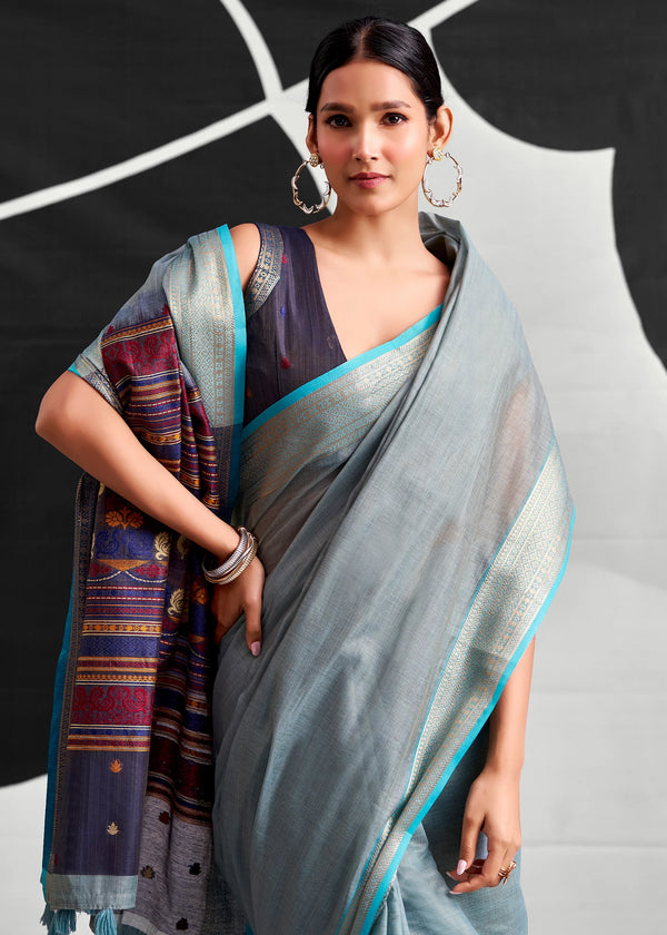 Grey Blue Woven Designer Linen Cotton Saree