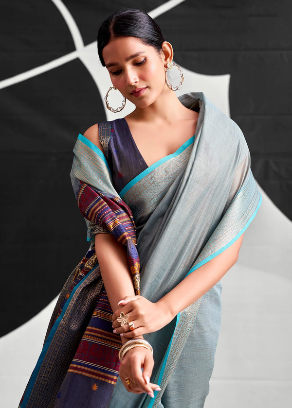 Grey Blue Woven Designer Linen Cotton Saree