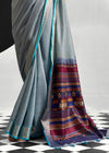 Grey Blue Woven Designer Linen Cotton Saree