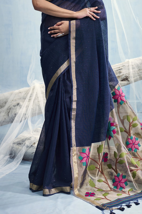 Midnight Navy Paithani Cotton Silk Saree