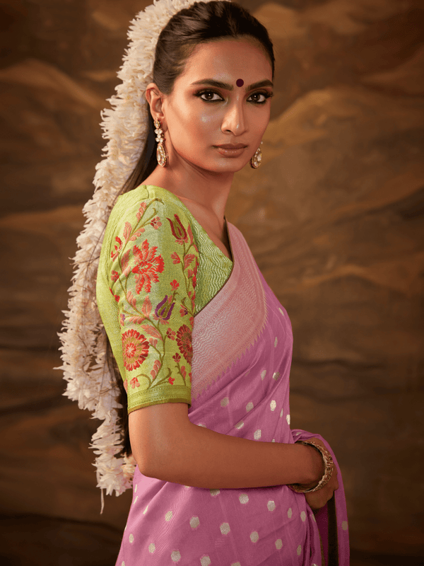Baby Pink Banarasi Organza Silk Saree With Contrast Blouse
