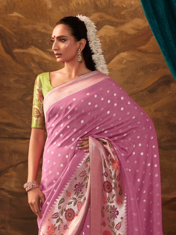 Baby Pink Banarasi Organza Silk Saree With Contrast Blouse