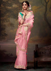 Baby Pink Designer Organza Silk Saree With Contrast Blouse