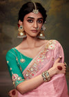 Baby Pink Designer Organza Silk Saree With Contrast Blouse