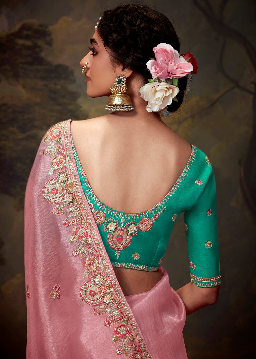 Baby Pink Designer Organza Silk Saree With Contrast Blouse – Vasumatis