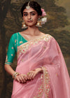 Baby Pink Designer Organza Silk Saree With Contrast Blouse