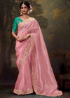 Baby Pink Designer Organza Silk Saree With Contrast Blouse