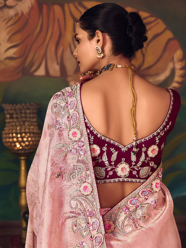 Baby Pink Designer Tissue Silk Saree with Contrast Blouse